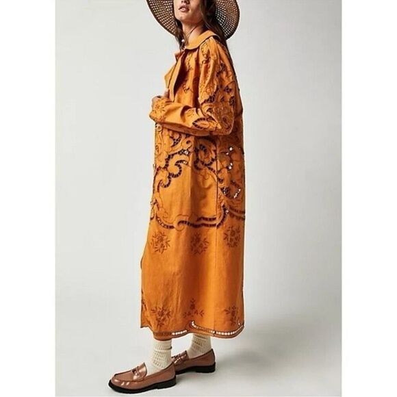 NWOT $228 Free People Susanna Embroidered Duster Yellow Linen Boho Western sz S - Picture 5 of 15